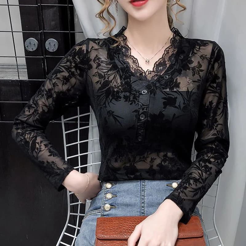 Elegante T-shirt da donna con scollo a V e bottoni, in pizzo tinta unita, nuova collezione autunno, top ampio e chic per l'ufficio