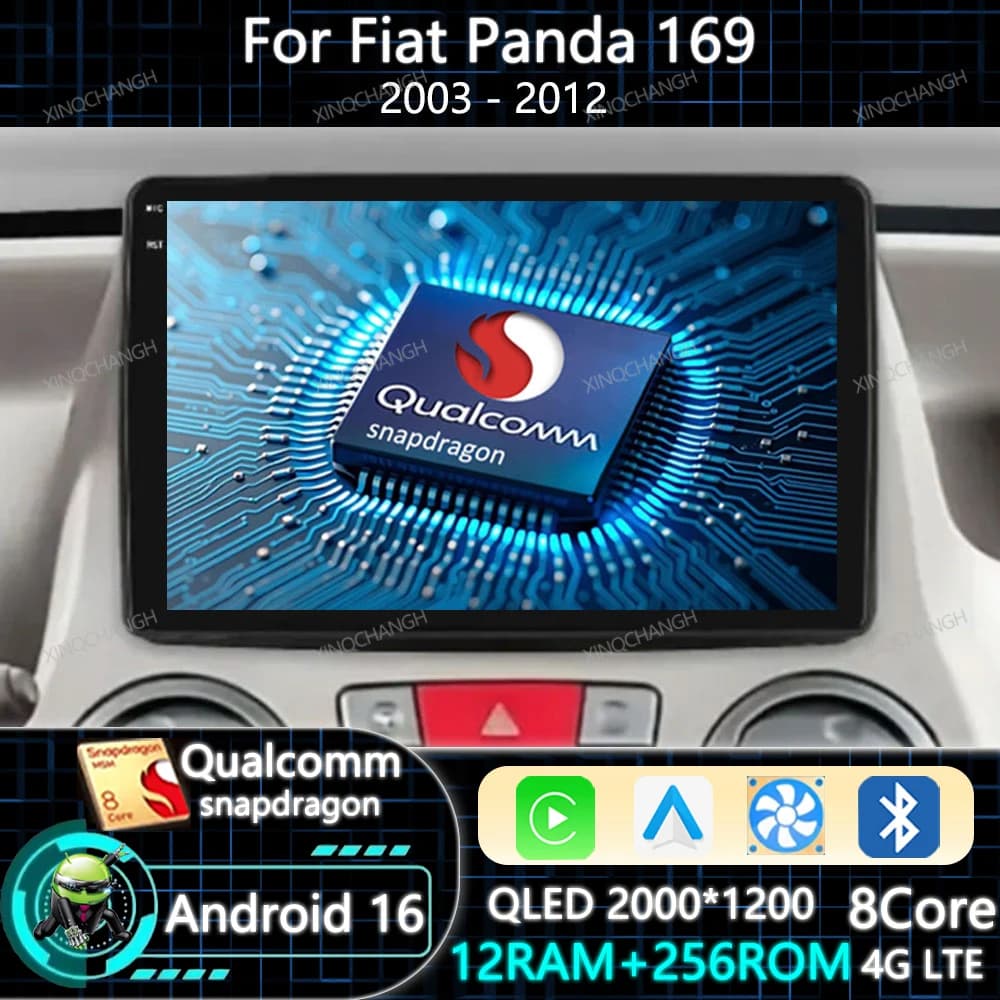 Android 16 Car Radio Carplay Auto For Fiat Panda 169 2003 2004 2005 - 2012 QLED 4G WIFI Navigation GPS BT Qualcomm 2DIN BT GPS