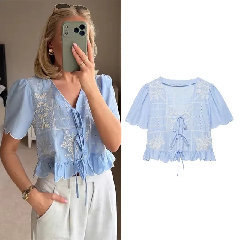 Women's Blouse with Cutwork Embroidery and Bow New 2026 Spring Summer Simple V Neck Short Sleeve Women Shirts & Blouses Lady Top