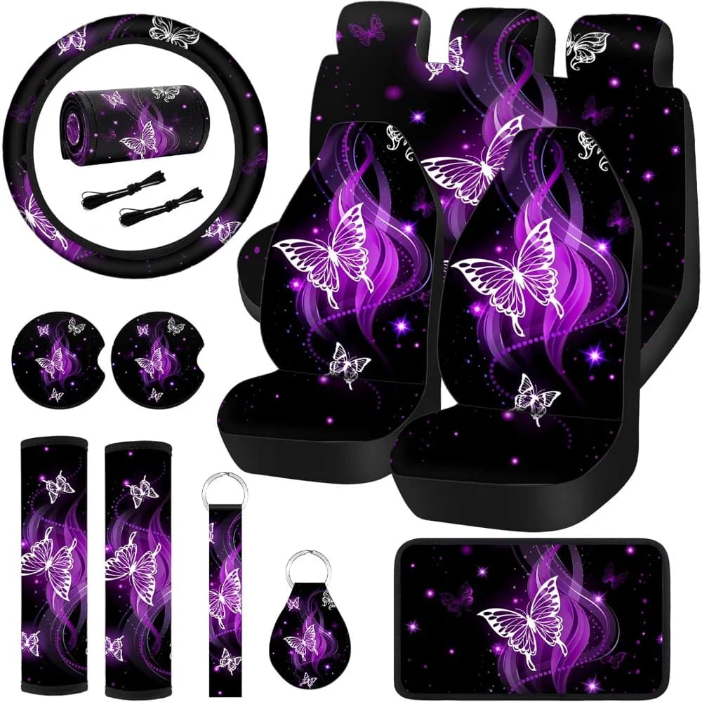 Set di 15 Pezzi Coprisedili Auto con Glitter Viola a Forma di Farfalla, Coprivolante, Cinturini da Polso, Sottobicchieri, Poggiabraccia e Protezioni per Spalle