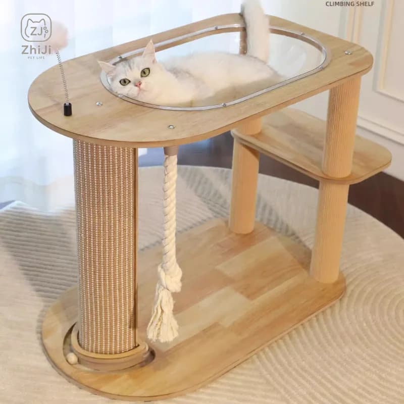 Multi-Level Cat Tree with Scratching Post Large Solid Wood Cat Tower Modern Pet Furniture for Indoor Sturdy Stable Space Capsule