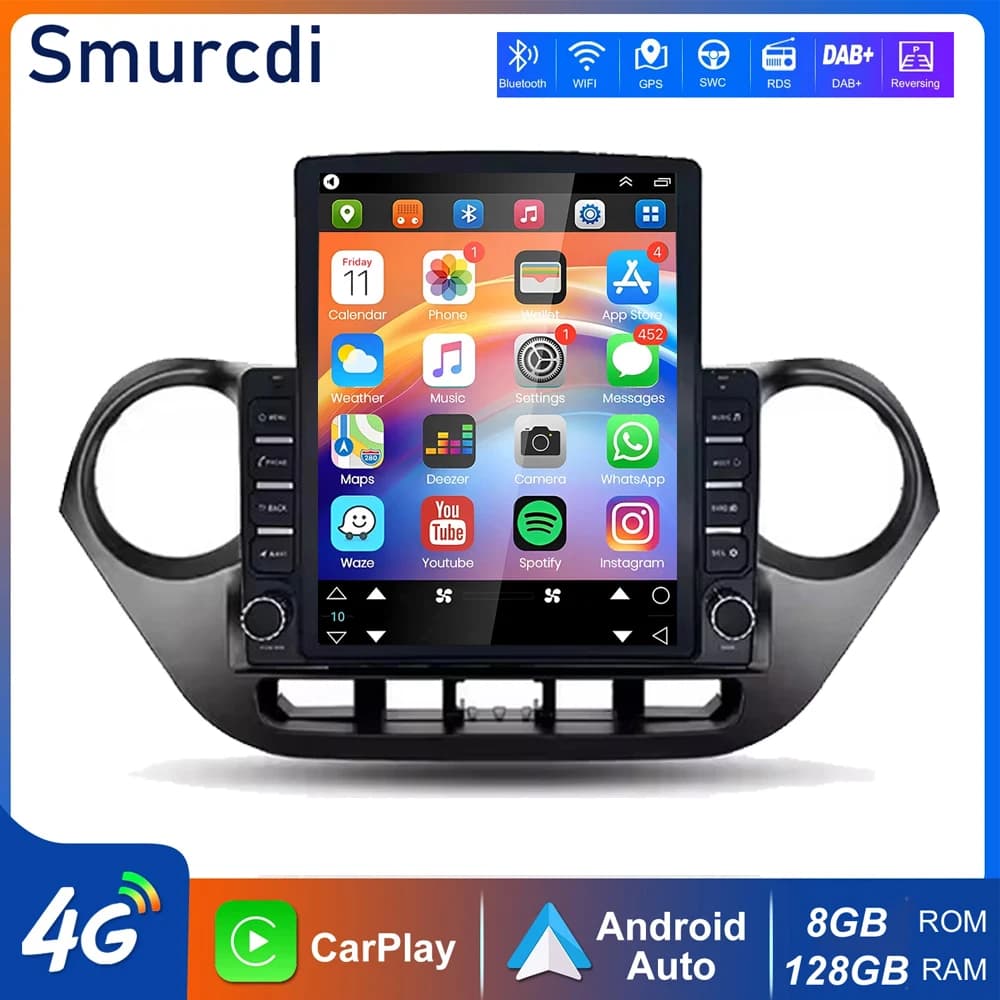 Autoradio Android 16 CarPlay da 9.7 pollici per Hyundai i10 2 2013-2016, lettore multimediale video, navigatore, stereo, schermo.