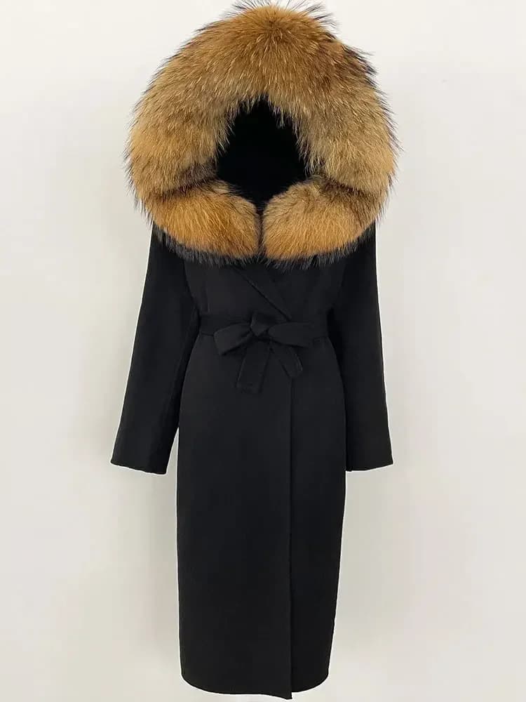 2025 Women New Winter Hooded Detachable Collar Fur Wool Clothes Long Woolen Jacket Real Natural Fox Fur Coat Casual Overwears