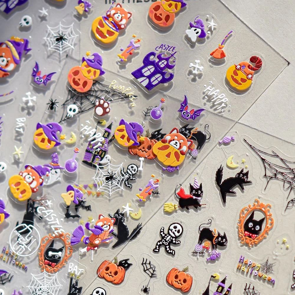 Halloween Horror Adorabile Panda 5D Nail Art Sticker Castello spettrale Scheletri spaventosi Scopa da strega Ragnatela Adesivo Manicure Deca