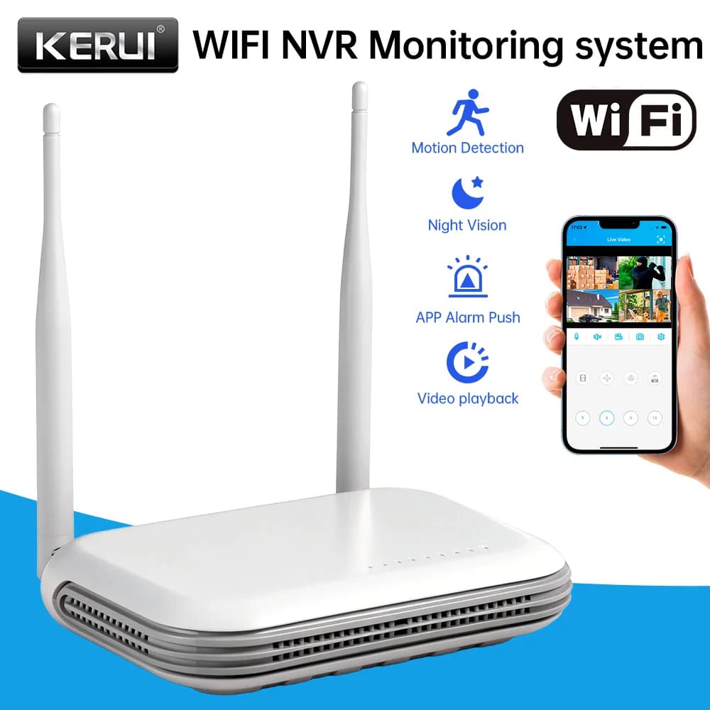 NVR Mini Network WIFI KERUI at 8 Channels for Video surveillance with Dual Lenten Domestic Security Camera 6MP, Compatible with XMEYE, iCSeee, Onvif