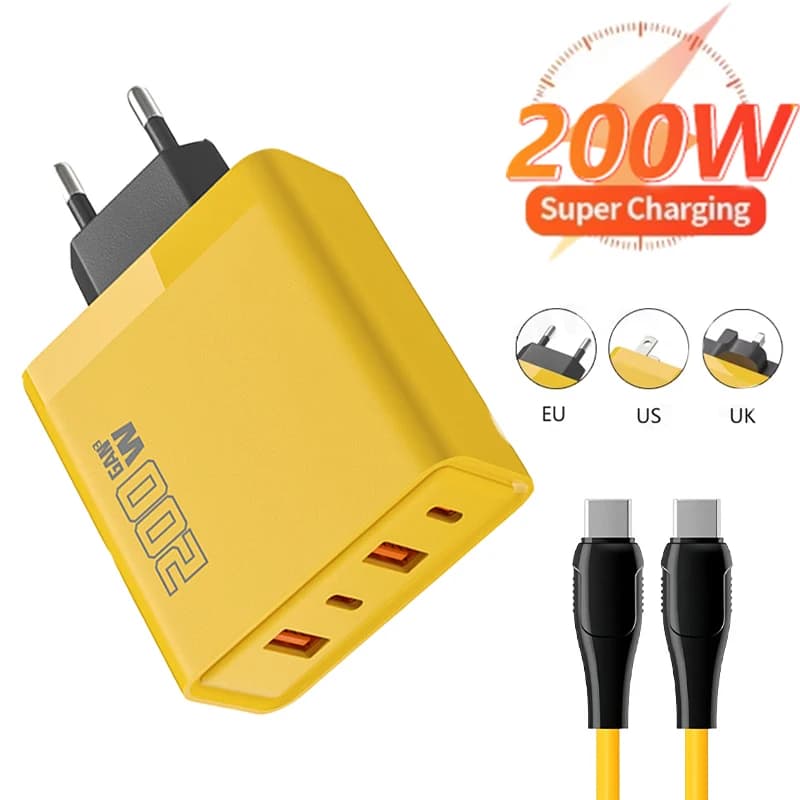 Caricatore ultra veloce da 200 W 2USB 2PD Caricatore per telefono GaN veloce 4 in 1 tipo C per Iphone Huawei Samsung Xiaomi Oppo Spina UE USA