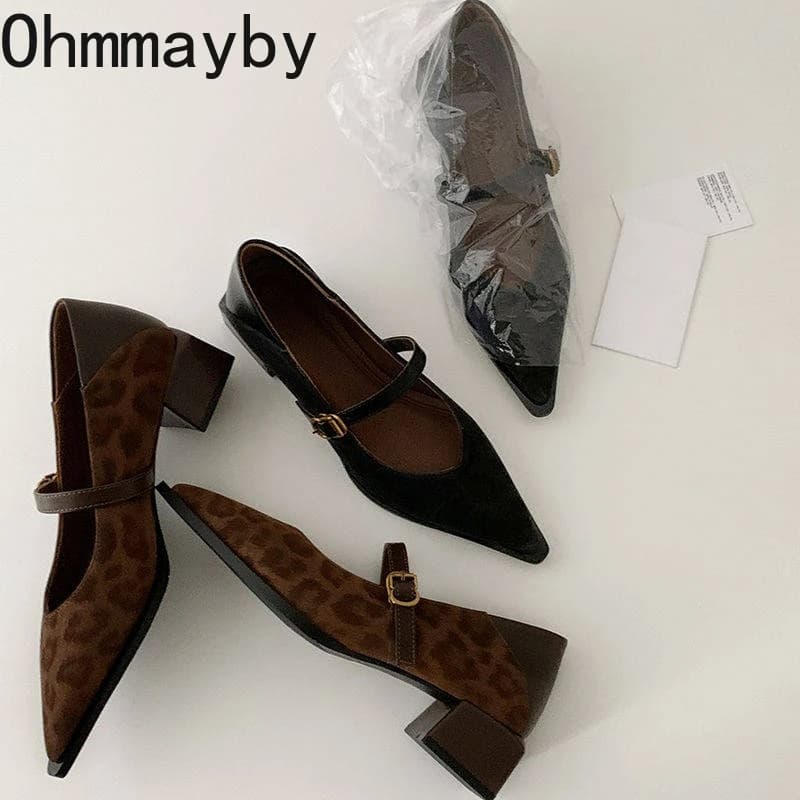 2026 Spring New Pointed Toe Women Mary Jane Shoes Concise Shallow Buckle Shoes Ladies Elegant Leopard Thick Heel Dress Shoes