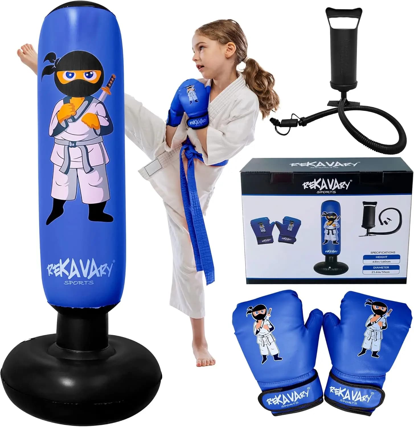Sacco da Boxe Gonfiabile per Bambini - Set da Boxe Ninja Alto 1,60 m con Guanti, Pompa e Kit di Riparazione
