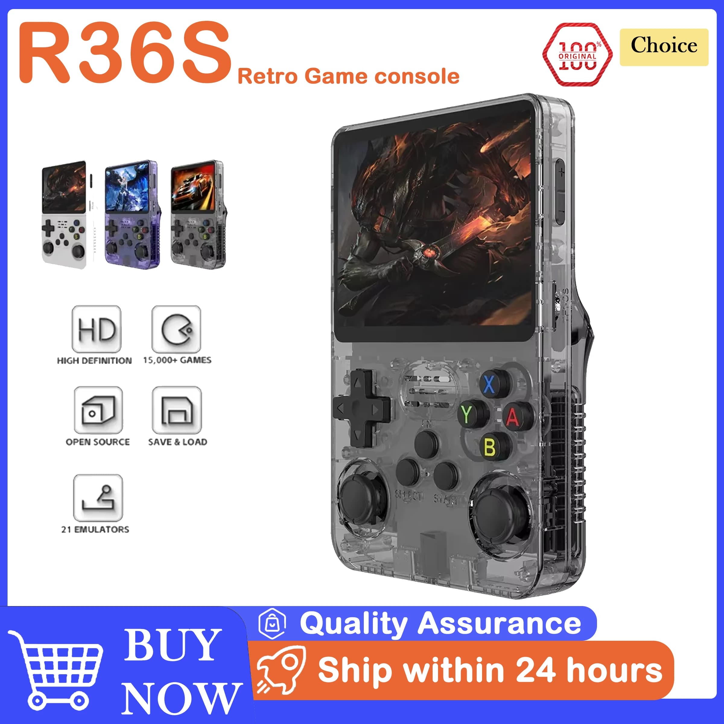 Console di Gioco Portatile Retro R36S, Schermo IPS da 3.5'', 15000+ Giochi, Lettore Tascabile Linux, Scheda TF da 64G, RK3326, ARKOS Originale