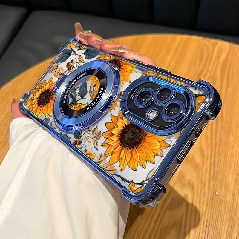 Custodia di lusso con stampa girasole per OPPO Reno 10 Pro 8T 8Z 7Z 4 5 Pro 6 7 Lite, con supporto placcato e antiurto, cover morbida