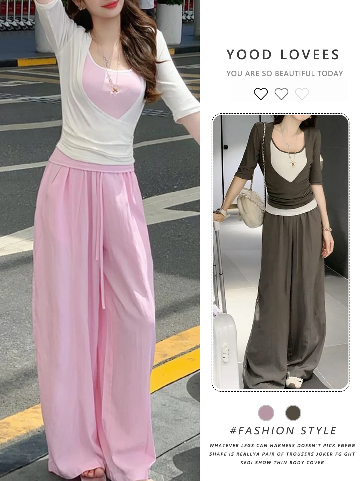 Set Tre Pezzi Stile Coreano: T-Shirt Trasparente a Manica Media Slim Fit, Pantaloni a Vita Alta e Gamba Larga, Outfit Casual alla Moda per Donna
