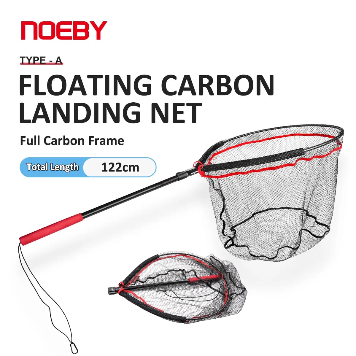 Noeby-Guadino a tubo galleggiante, rete pieghevole, rete con manico in carbonio, 60 cm * 50 cm, reti galleggianti totali 122 cm, attrezzatura per pesci grandi luccio