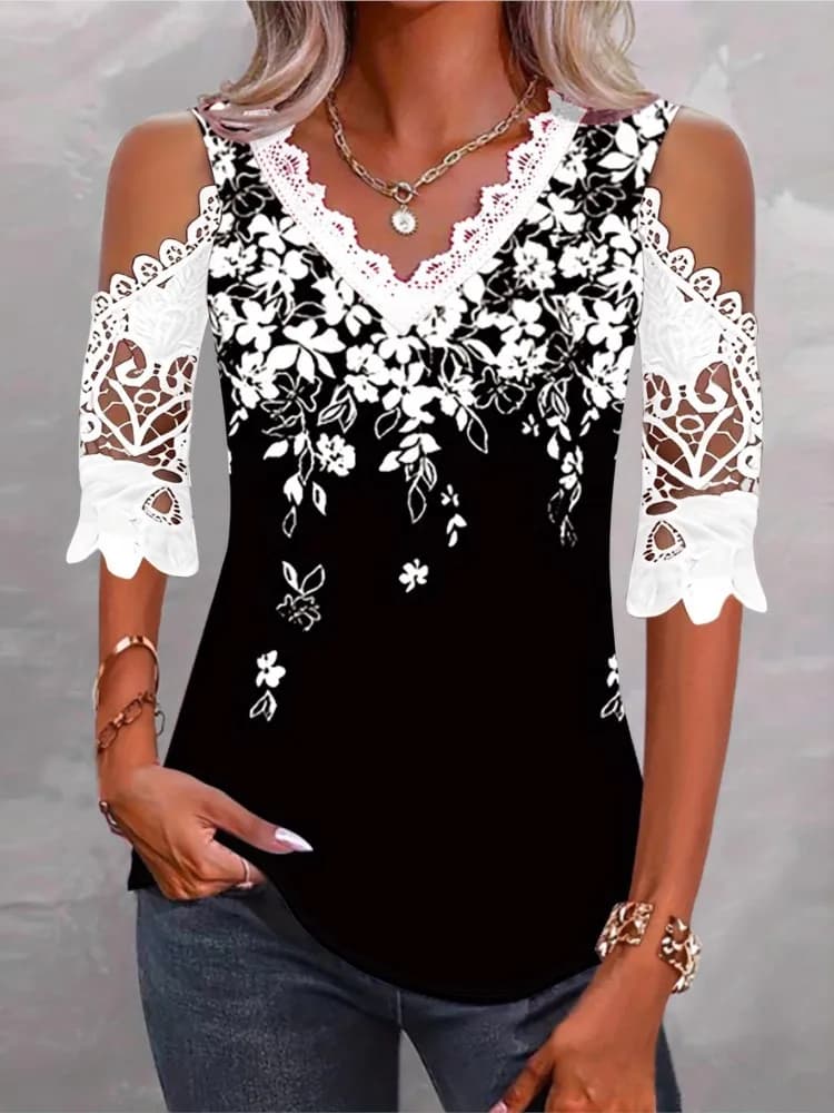 T-shirt cava con fiore con gancio in pizzo T-shirt da donna con stampa di moda manica corta con spalle scoperte e scollo a V Top per le donne Casual Holiday Boho