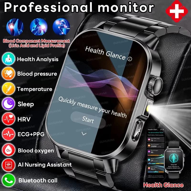New Professional Smartwatch for Nurses with ECG+PPG, Three Advanced Diagnostic Functions, Lipid Monitoring, Blood Pressure, Urico Acid, HD Calls