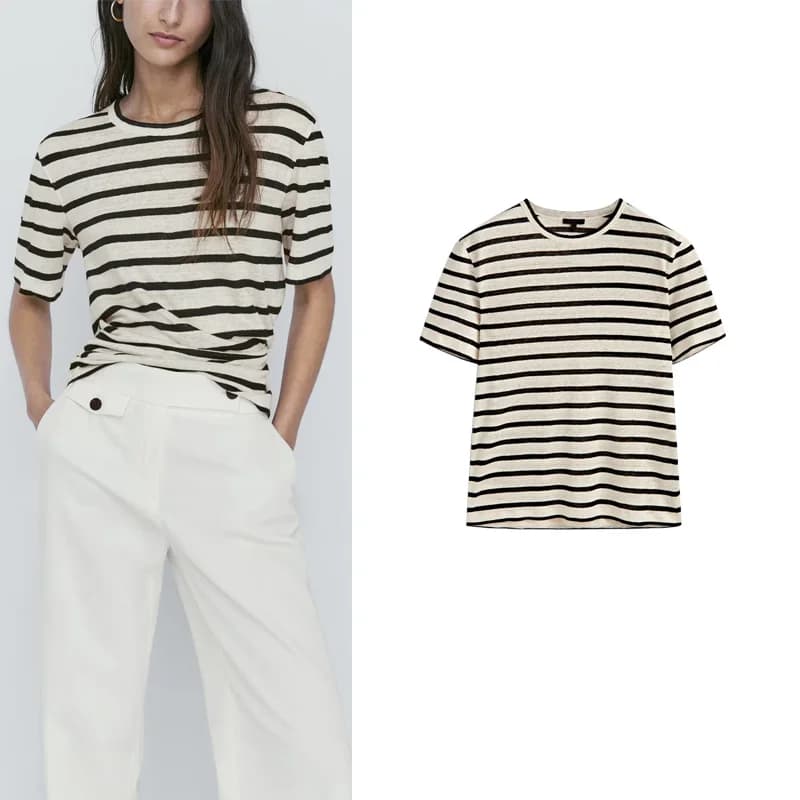Spring New Basic Striped Casual Commute Comfortable round Neck Short Sleeve T-Shirt Polyester Fiber 25-29 Years Old Women