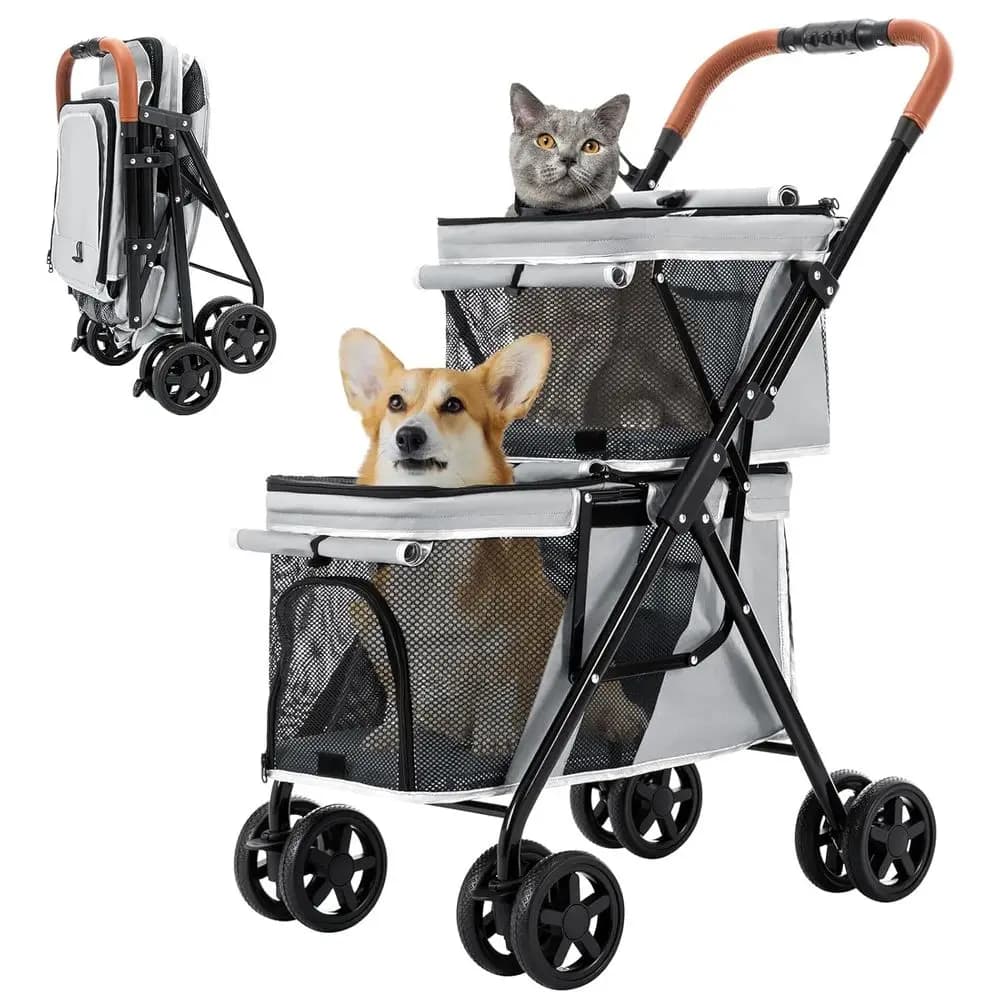 Passeggino per cani e gatti, passeggino pieghevole per cani con una sola mano, carrozza da viaggio per cani di piccola taglia e media, 4 ruote, grigio