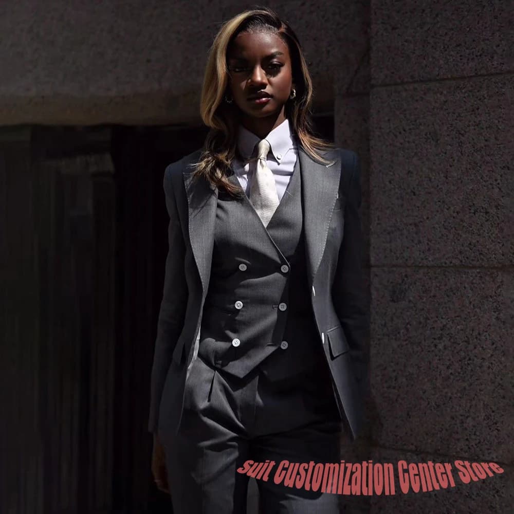 Professional Women's Gray 3-Piece Suit Double-Breasted Jacket+Vest+Pants Set Formal Business Attire Office Wedding Outfit