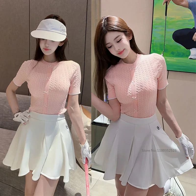 Nuove Magliette da Golf in Maglia per Donne, Top Estivi Sottili a Manica Corta, T-Shirt Slim con Collo Tondo, Gonna da Golf con Volant per Signore