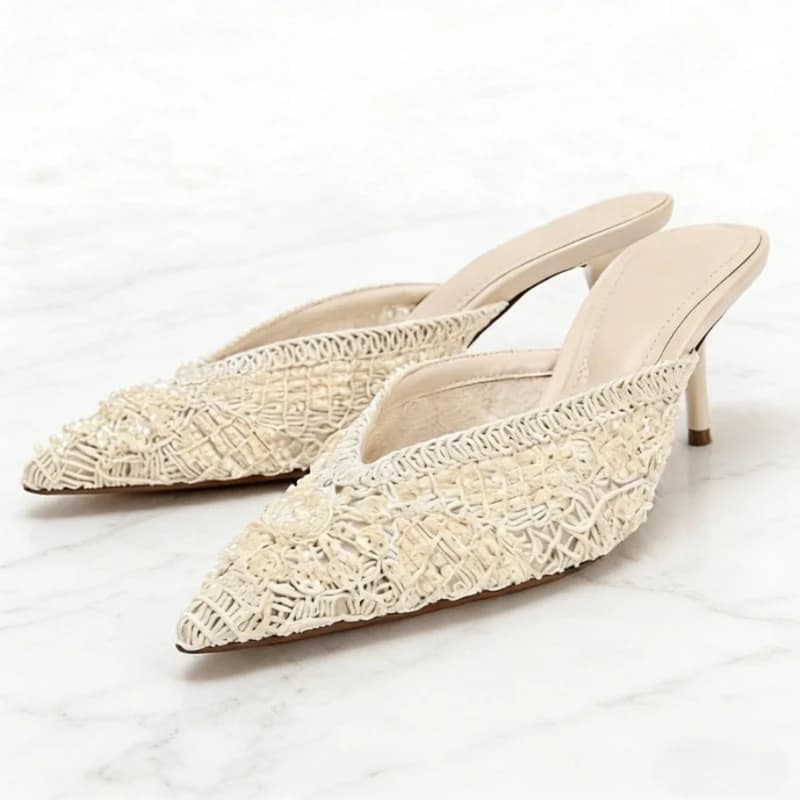 Weave String Beads Elegant Woman Sandals Summer 2026 Designer High Heels Slides Dress Shoe Brand Pointed Toe Pumps Mules Shoes