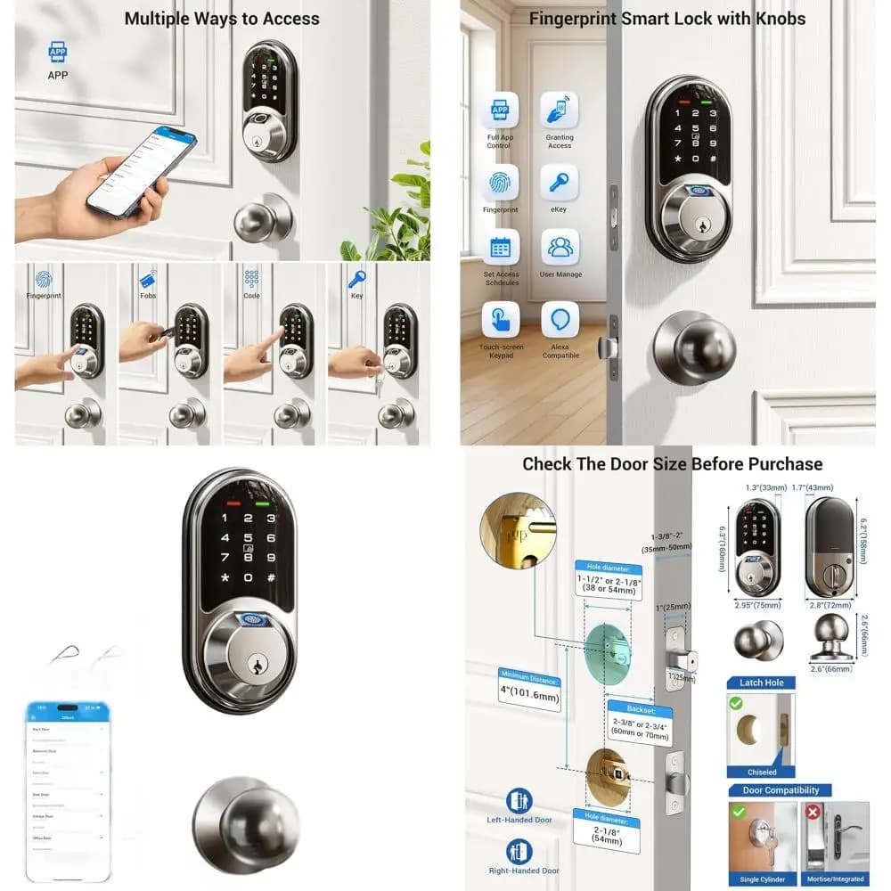 Serratura Biometrica Intelligente con Tastiera Touch Screen, Ingresso con Impronta Digitale, Chiusura Automatica, Facile Installazione, Finitura Nichel Satinato
