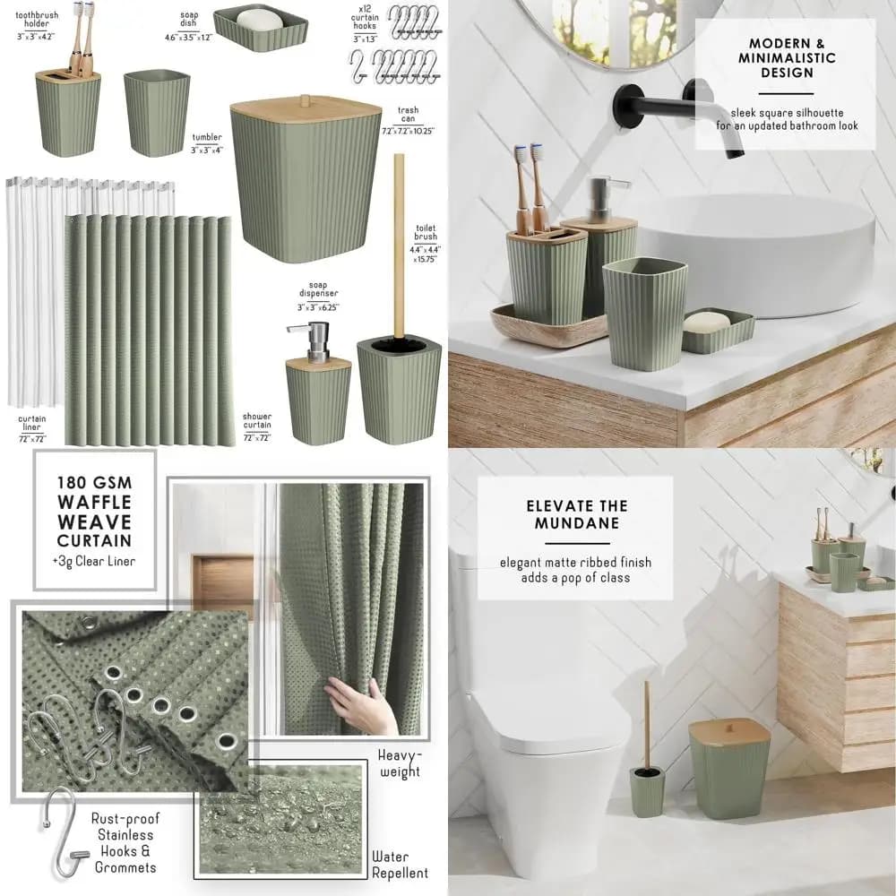 Accessori da bagno verde salvia Set da 20 pezzi: tenda da doccia, scopino per WC, cestino della spazzatura e dispenser di sapone