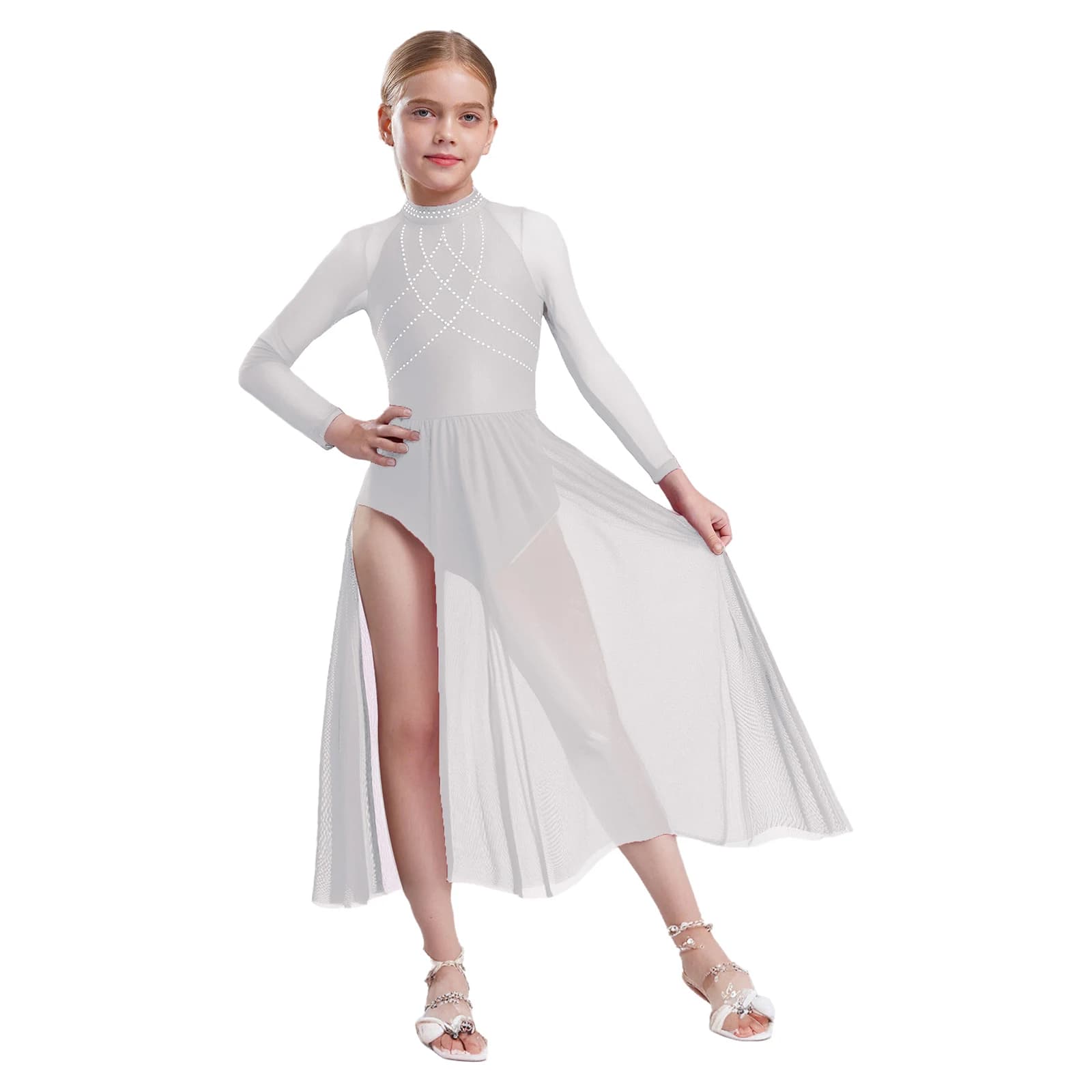 Costume da ginnastica per pattinaggio di figura per danza lirica moderna per bambine, strass lucidi, body fluido diviso in rete trasparente