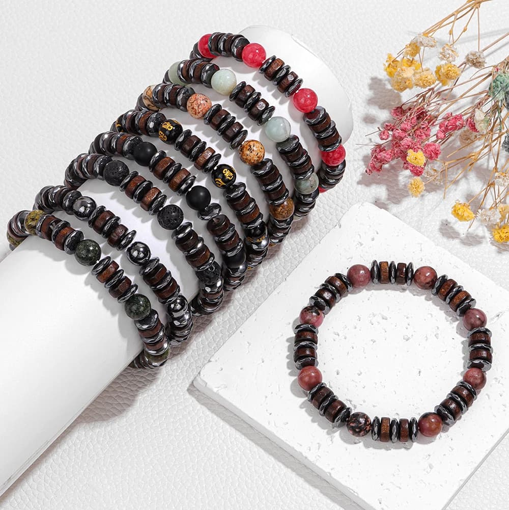 Braccialetto di perline di legno Vintage per uomo braccialetto di fascino di pietra di ematite di onice nero gioielli maschili braccialetti fatti a mano meditazione di Buddha