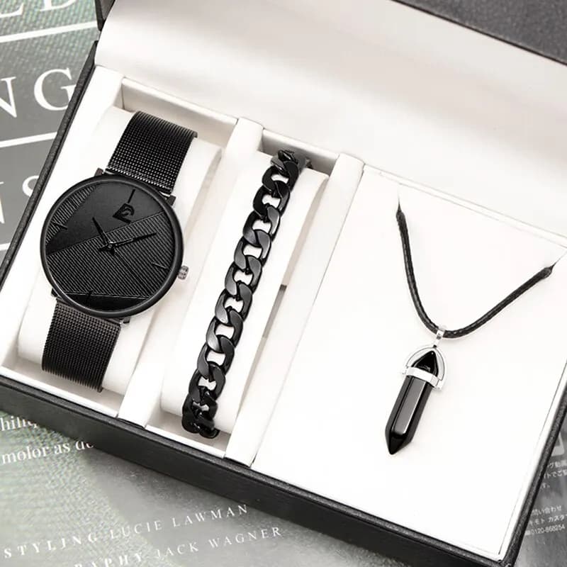 3 pezzi Set minimalismo moda uomo orologi semplice uomo Business cintura in rete orologio al quarzo maschile Casual collana braccialetto orologio da polso