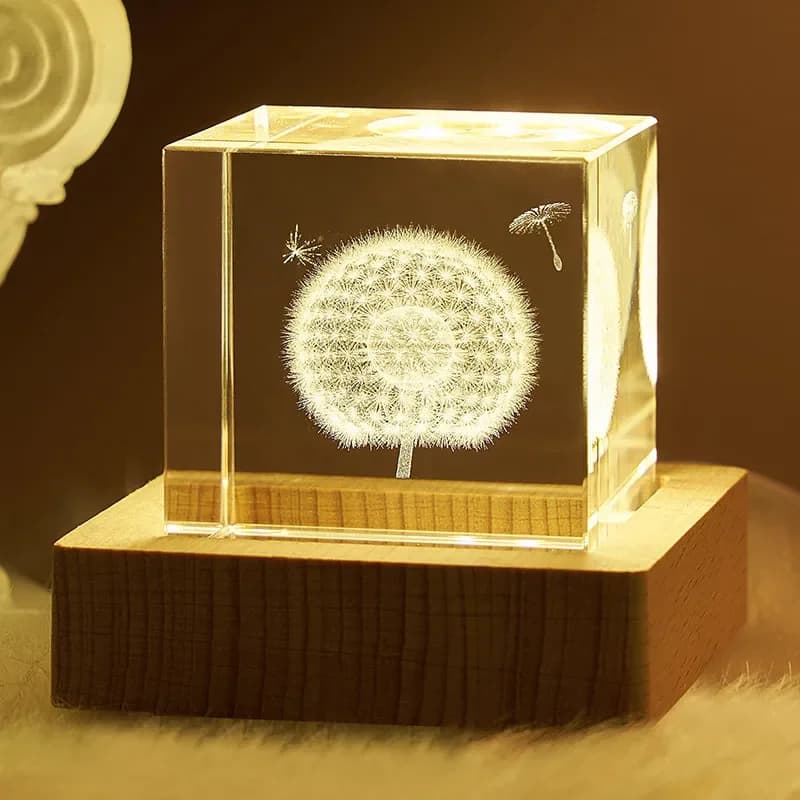 6cm Crystal Carved Cube Figurine Glass 3D Laser Engraved Dandelion Paperweight with Base Ornaments Home Desk Decoration Crafts
