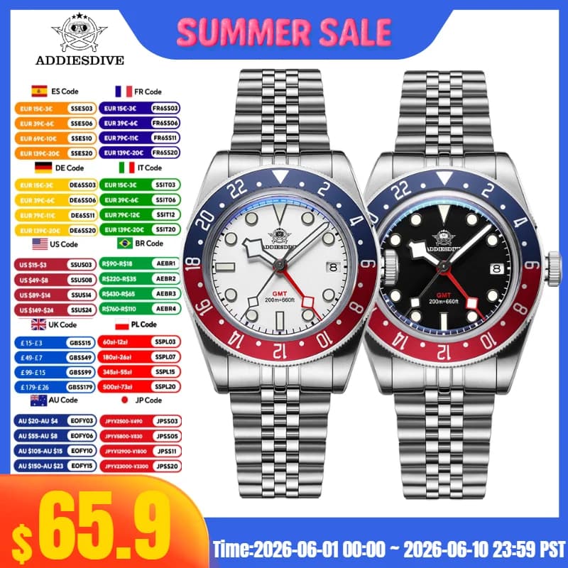 ADDIESDIVE reloj Orologi al quarzo BGW9 Super luminoso Bubble Mirror Glass GMT Orologio 20Bar Orologio subacqueo per uomo relogios masculino