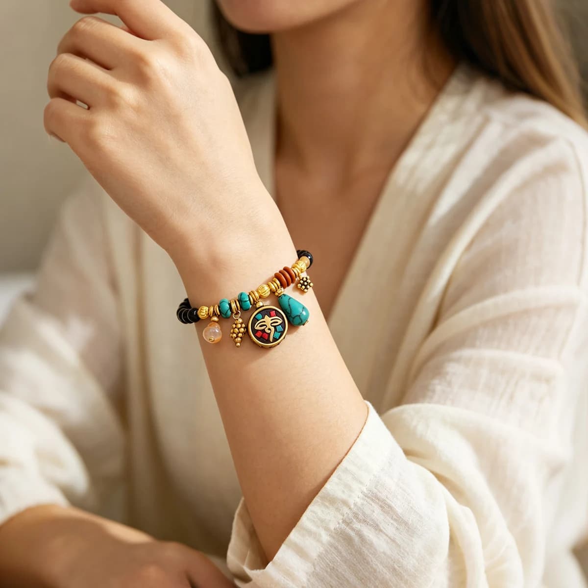 Ethnic Style Handmade Weave Rope Turquoise Beads Bracelet Retro Nepalese Tibetan Style Unisex Bell Bangle Turkey Wrist Jewelry