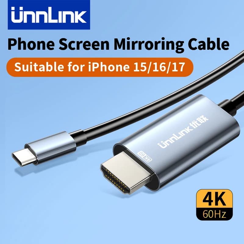 Unnlink Cavo per mirroring schermo del telefono per iPhone serie 15/16/17, cavo per specchio da telefono a TV, USB tipo C a HDMI 4K 60Hz