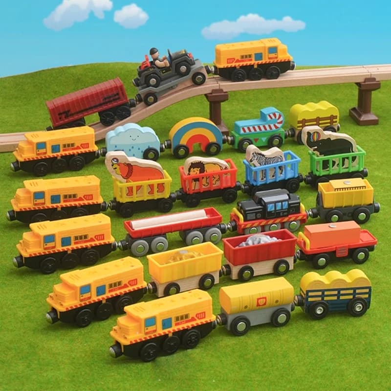 T263 Set Treno Elettrico a Batteria, Treno Magnetico in Legno, Veicolo Giocattolo Compatibile con Binari in Legno per Bambini