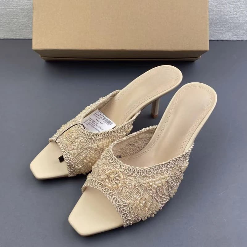 Sandali Estivi 2026 con Tacco a Spillo e Perle Intrecciate per Donna, Eleganti Mule Nude con Punta Quadrata e Tacco Alto, Calzature Moda Senza Tallone