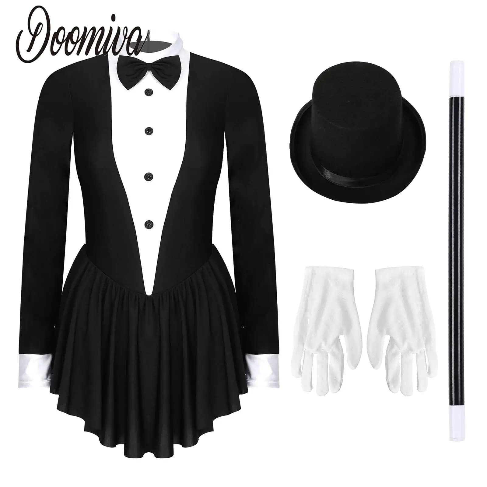 Body da smoking da donna Body da pattinaggio artistico Abito da pattinaggio su ghiaccio Manica lunga Balletto moderno Dancewear con cappello Costumi da circo Ringmaster