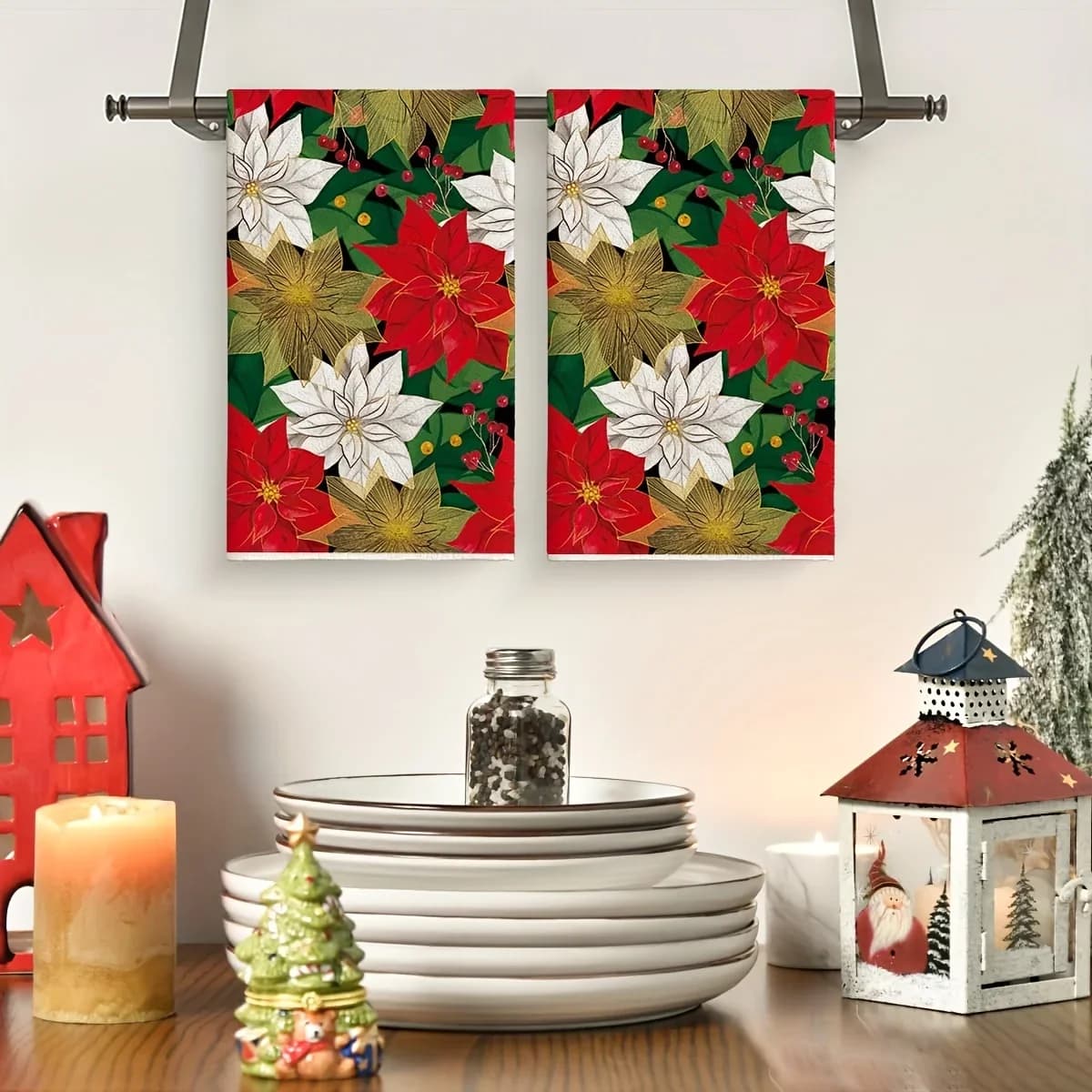 Christmas Poinsettia Holly Kitchen Dish Tea Towels Cleaning Supplies Quick Drying Bar Hand Dishcloths Christmas Decorations
