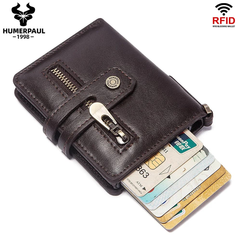 Portafoglio porta carte di credito in vera pelle per uomo Anti Scan RFID Smart aluminium Metal Pop Up Card Case Mini Business Money Bag