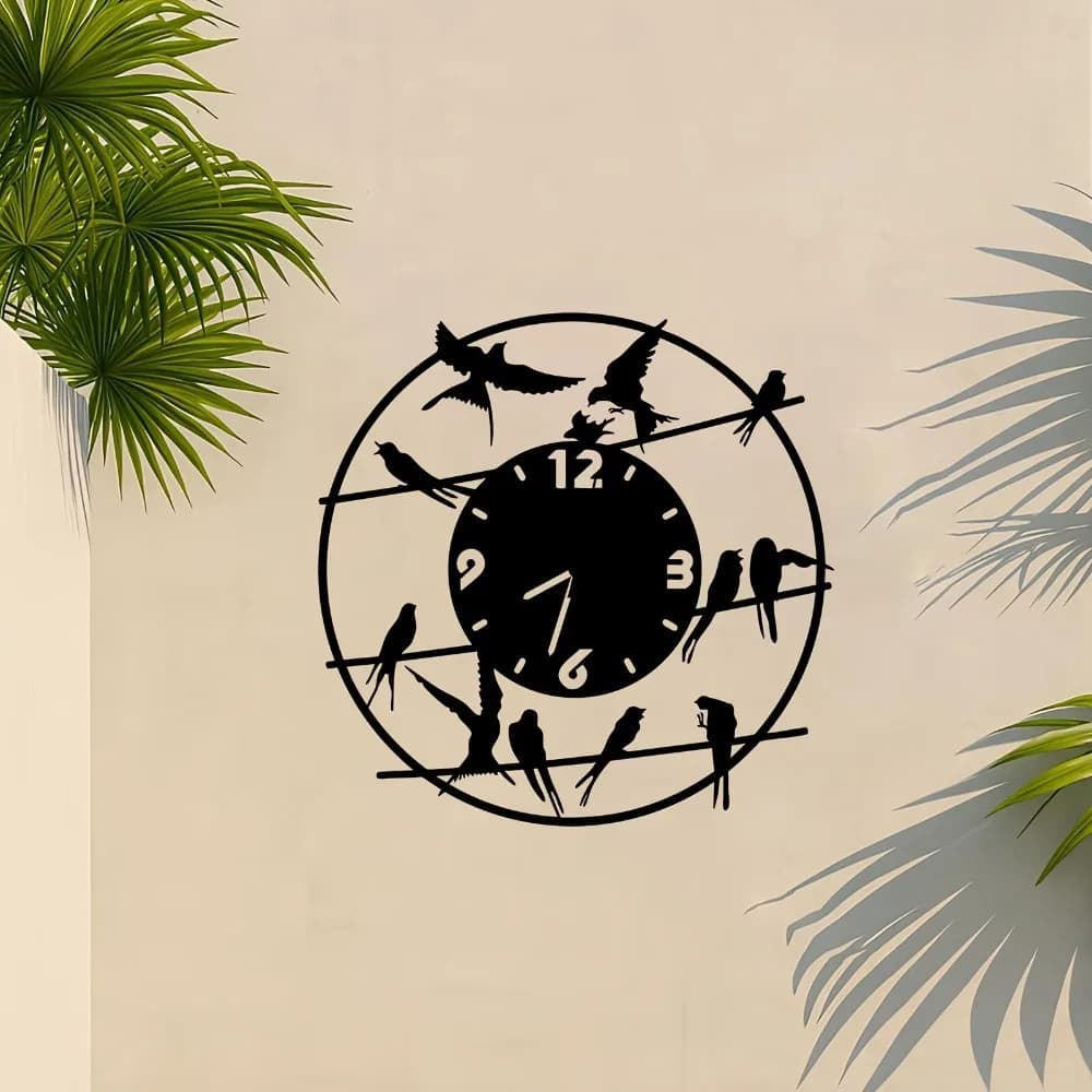 Bird Clock Iron Wall Art Movable Branches Outdoor Patio Fence Rustproof Waterproof Hanging Decor Ornament