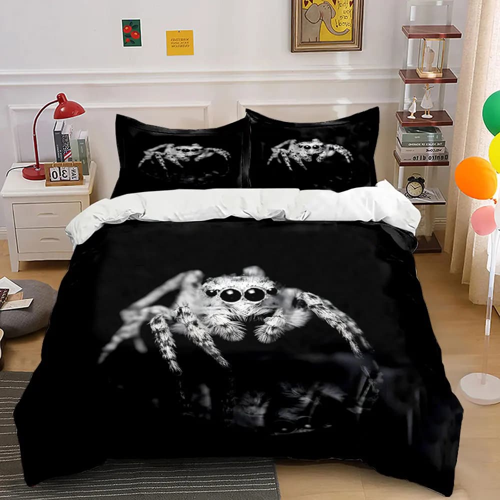 Set copripiumino con motivo a ragno saltatore in stile scuro bianco e nero, stampa digitale, biancheria da letto colorata in poliestere con chiusura a cerniera