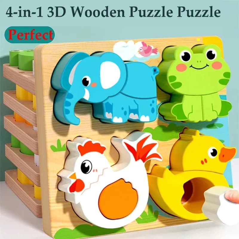 Giocattolo in legno quattro in uno, puzzle in legno 3D, animale dei cartoni animati, puzzle cognitivo per l'apprendimento precoce e il giocattolo educativo per bambini, regalo
