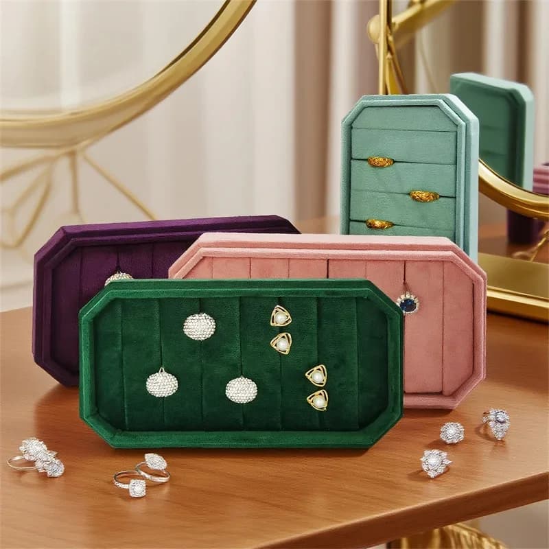 Multi-Slot Velvet Jewelry Display Tray - Octagonal Ring Earring Organizer Box for Countertop