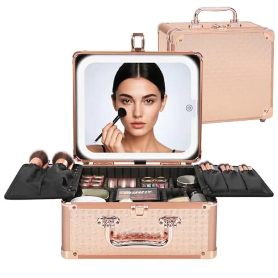 Borsa per il Trucco con Specchio LED, Valigetta da Viaggio con Specchio Illuminato Ricaricabile, Organizzatore per Pennelli Cosmetici e Contenitore per Accessori