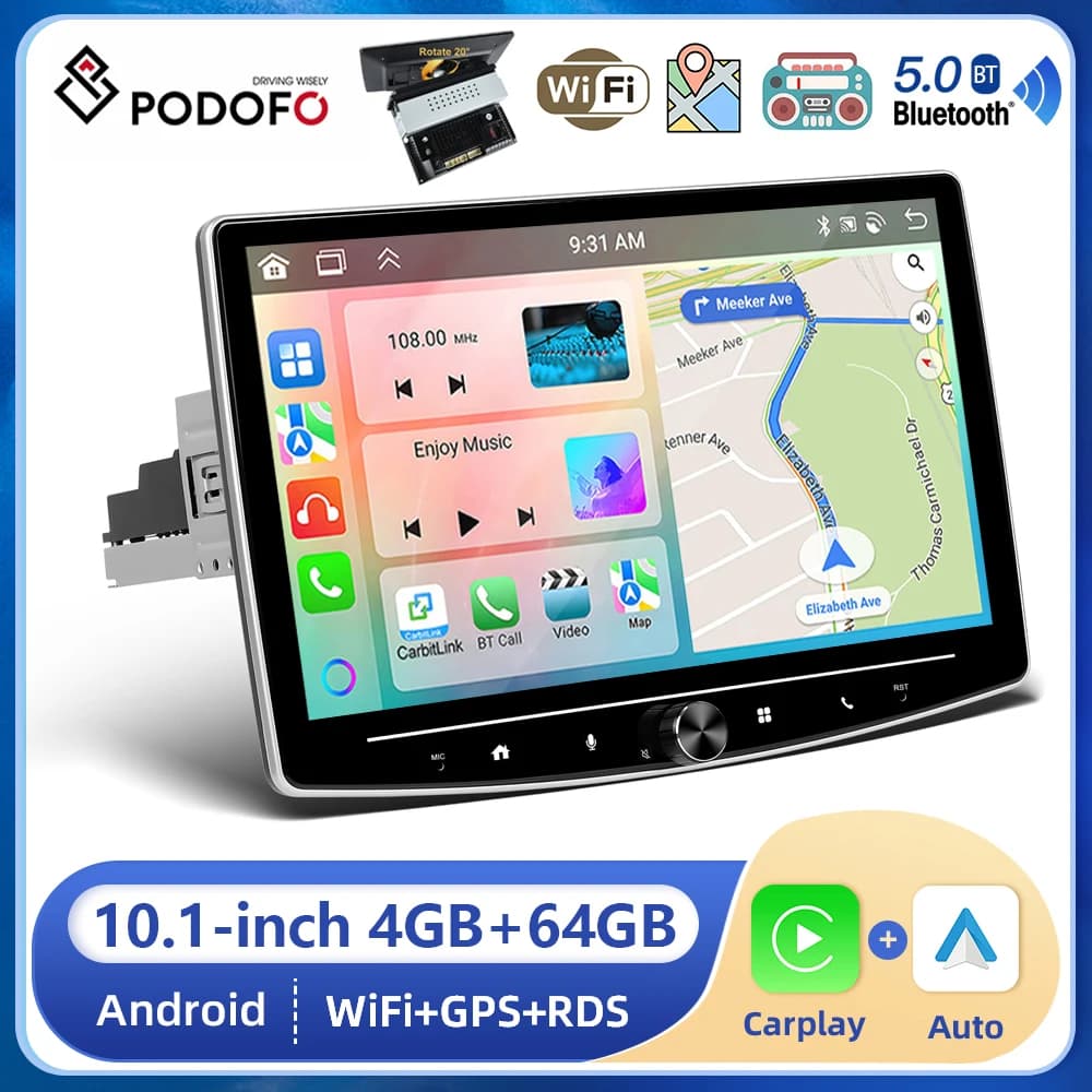 Podofo 1din 10.1 pollici autoradio Android per schermo rotante universale a 360 ° Wireless Carplay Android auto Bluetooth WIFI Player GPS