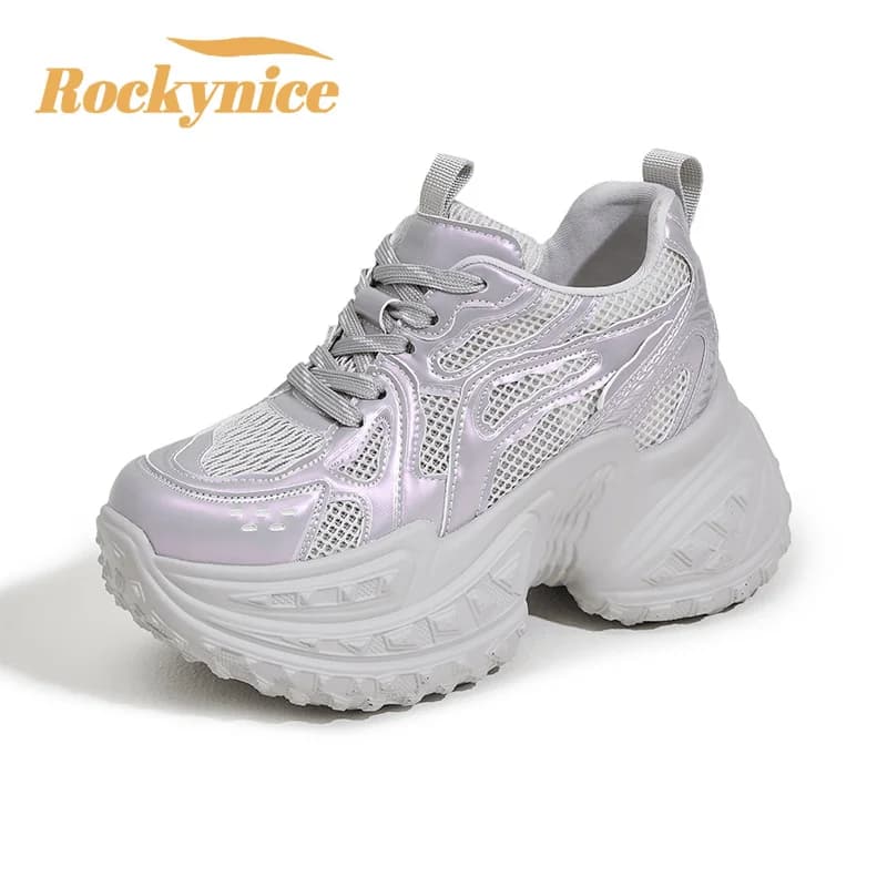 10CM Heels Air Mesh Leather Women Chunky Sneakers High Platform Casual Vulcanized Shoes Wedge Summer Breathable Sports Dad Shoes