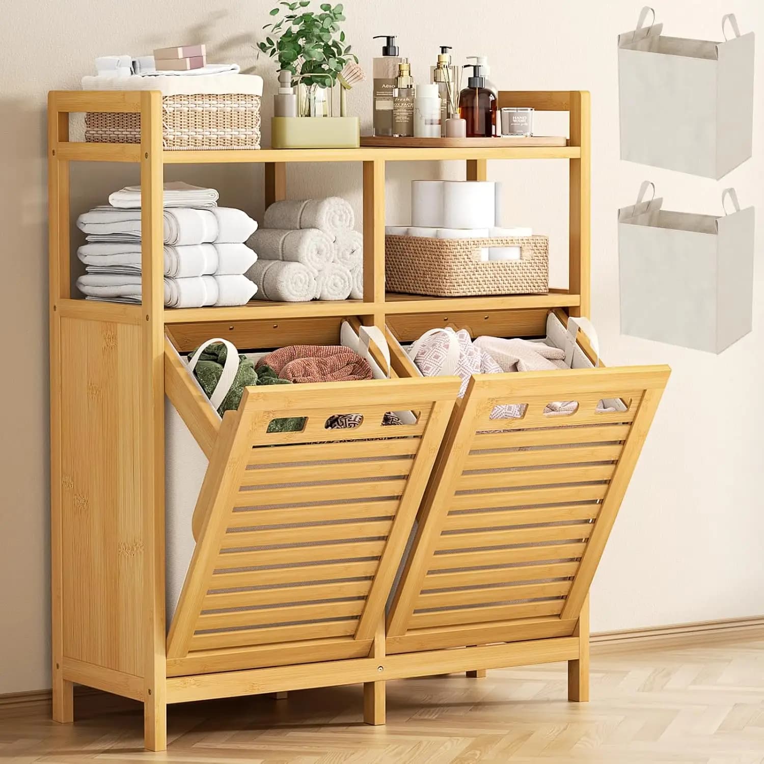 Tilt Out Bamboo Double Laundry Hamper Storage Cabinet with 2 Removable Baskets, 20 Gallon Clothes Sorter Organizer with Top Shelf for Bathroom Laundry Room Natural Wood Tone