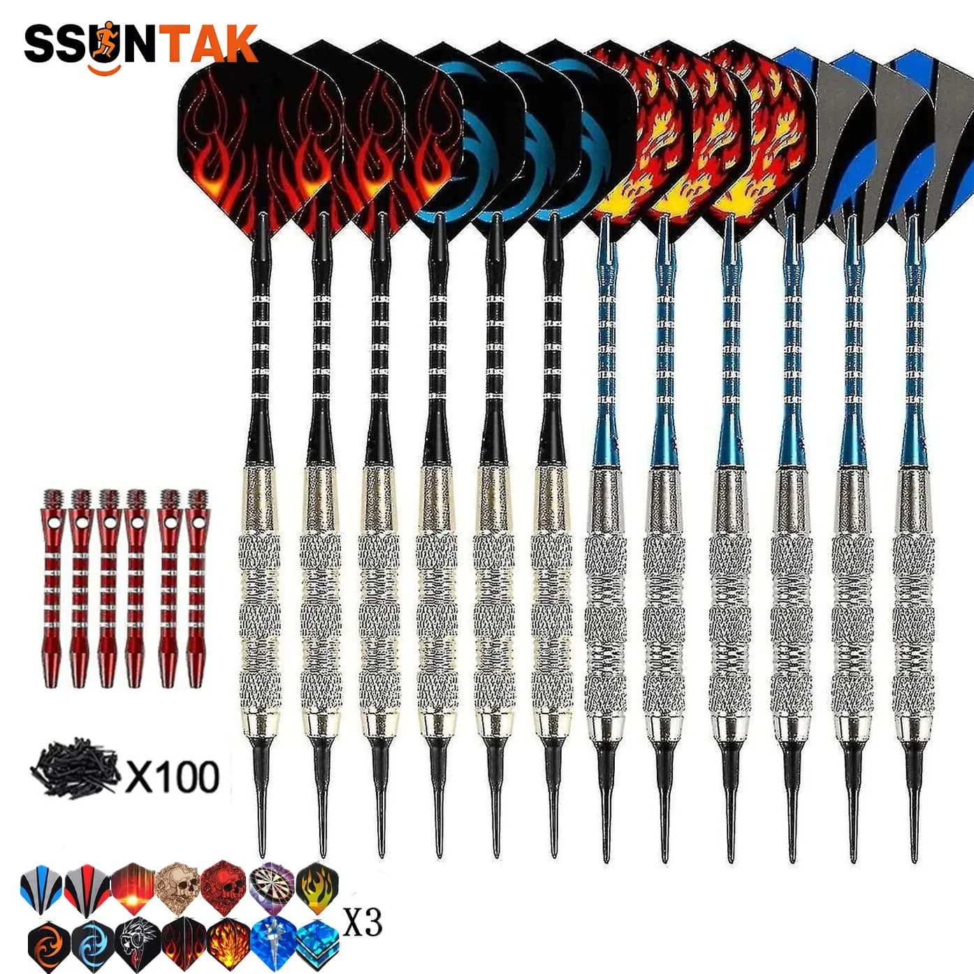 SSUNTAK 12 Pcs 18g Iron Copper‑Plated Soft Tip Darts Set, Soft Darts with 30 Flights,100 Tips,6 Shafts for Electronic Dartboard