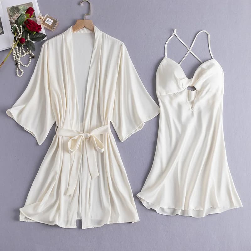 2Pcs Bathrobe Set Sleepwear Nightwear Satin Home Dress Women Robe Set Loungewear Summer Nightgown Kimono Bath Gown Lingerie