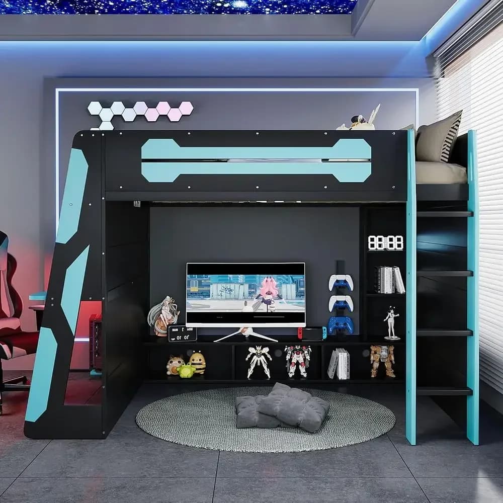 Customizable Large Wood Gaming Bed with Desk, Storage, LED Lighting for Teens Who Love eSports (Blue)