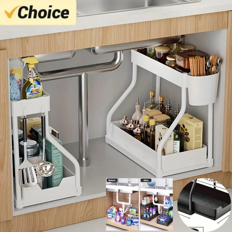 Organizzatore salvaspazio a 2 livelli sotto il lavandino, scatola portaoggetti estraibile, durevole, di grande capacità, per cucina, bagno, cassetto essenziale