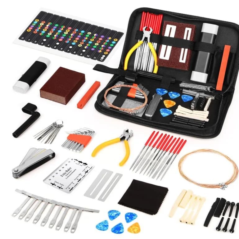 Nuovo set di strumenti per la riparazione e la manutenzione della chitarra da 79 pezzi per lucidare e misurare